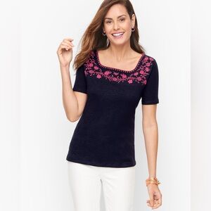 Talbots Embroidered Square Neck Cotton Top Blouse‎ Navy Blue & Pink Plus Size 3X